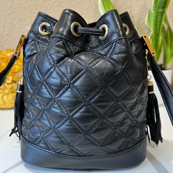 MCM VINTAGE MINI DRAWSTRING BUCKET BLACK LEATHER BAG - Picture 2 of 13